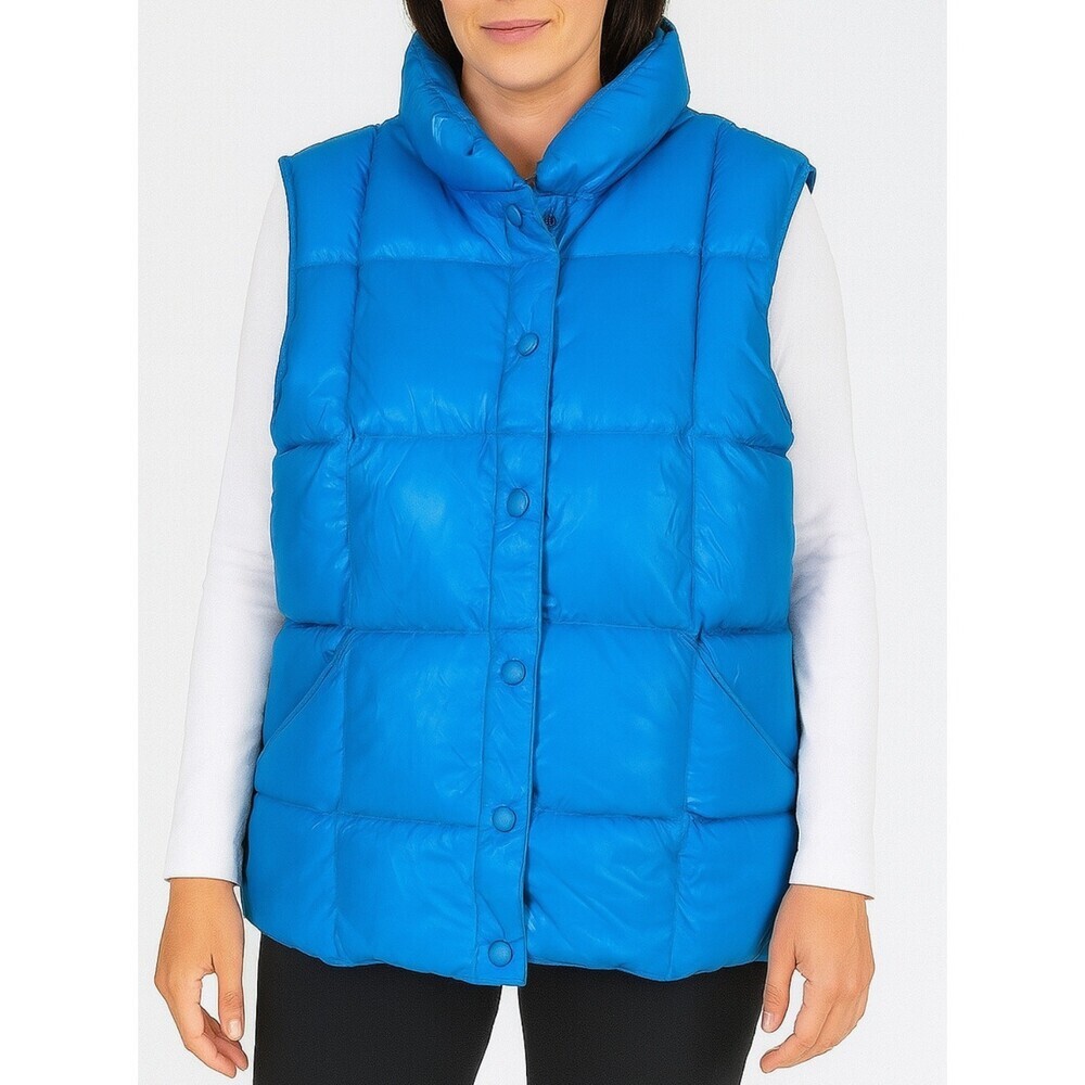 Lands End puffer vest packable in blue button up goose down SZ M 8/10 pockets